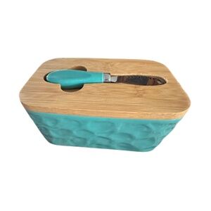 Turquoise Ceramic Butter Dish with Bamboo Lid & Matching Spreader